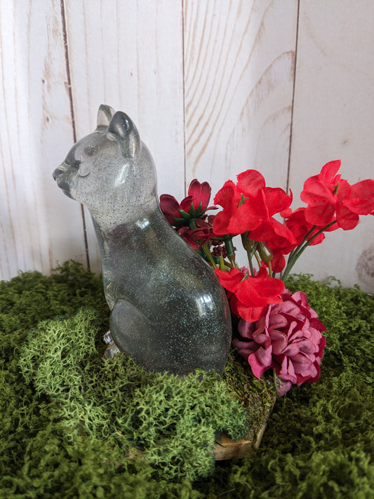 Grey Cat Red Flowers