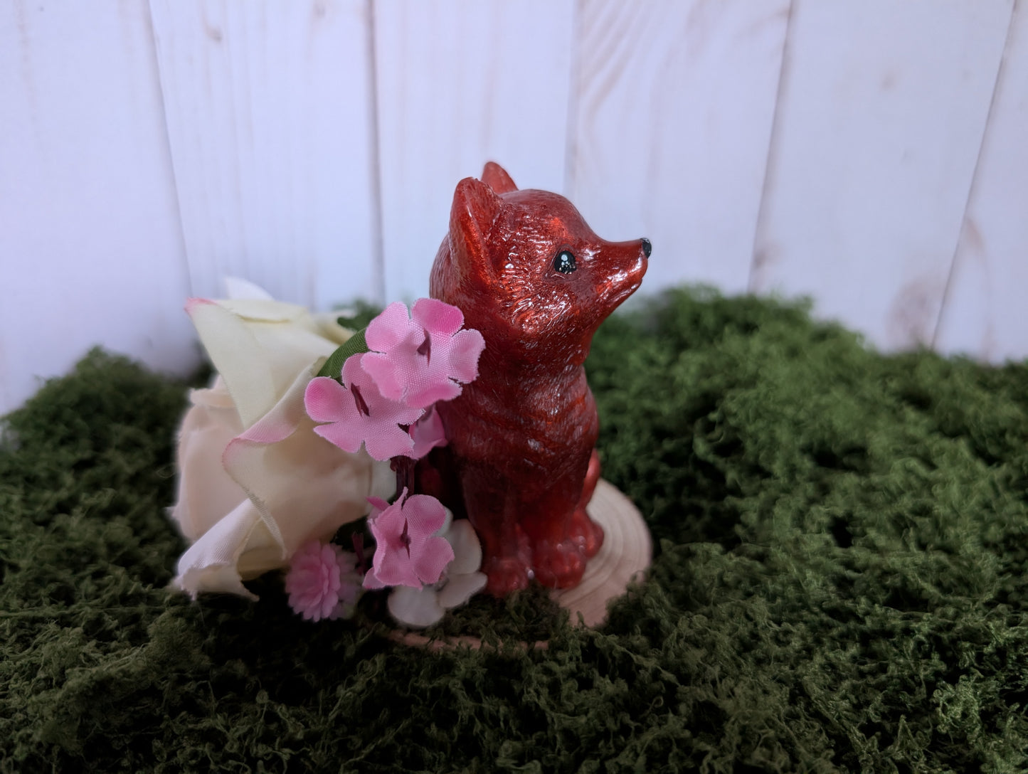 Red Brown Puppy with Pink Flowers