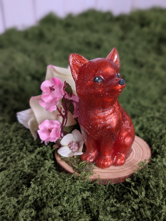 Red Brown Puppy with Pink Flowers