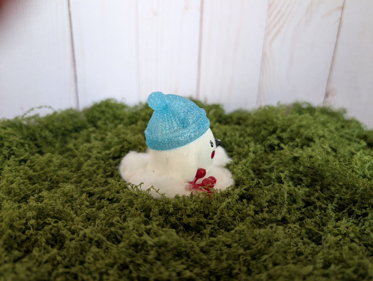 White Lovebird Snow Buddy with Blue Hat