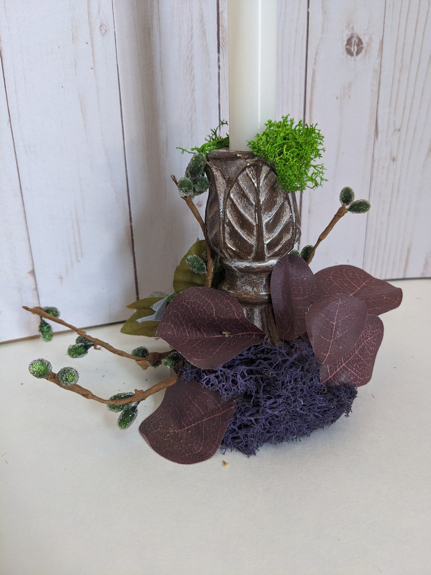 Silver Poinsettia on Wood-look Candlestick