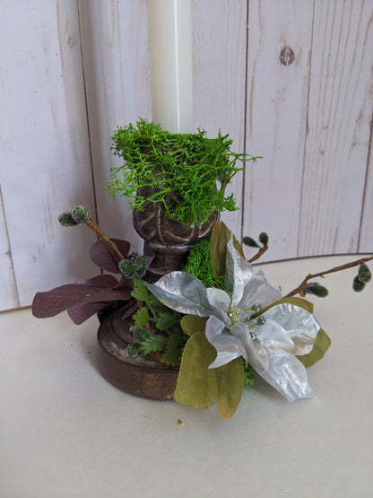 Silver Poinsettia on Wood-look Candlestick