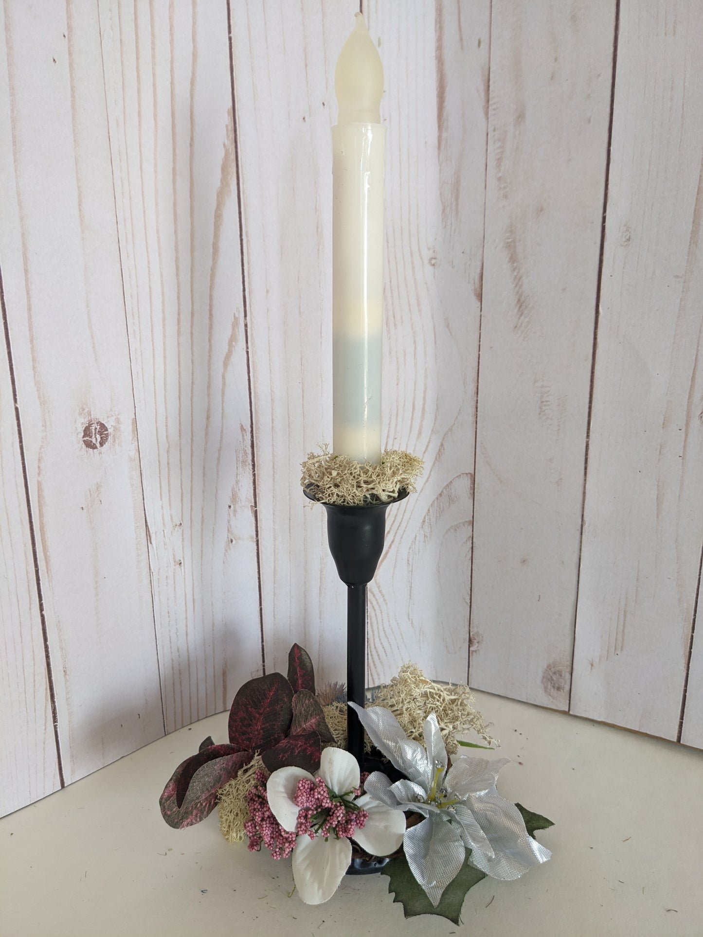 Subtly Colorful Miniwreath on Metal Candlestick