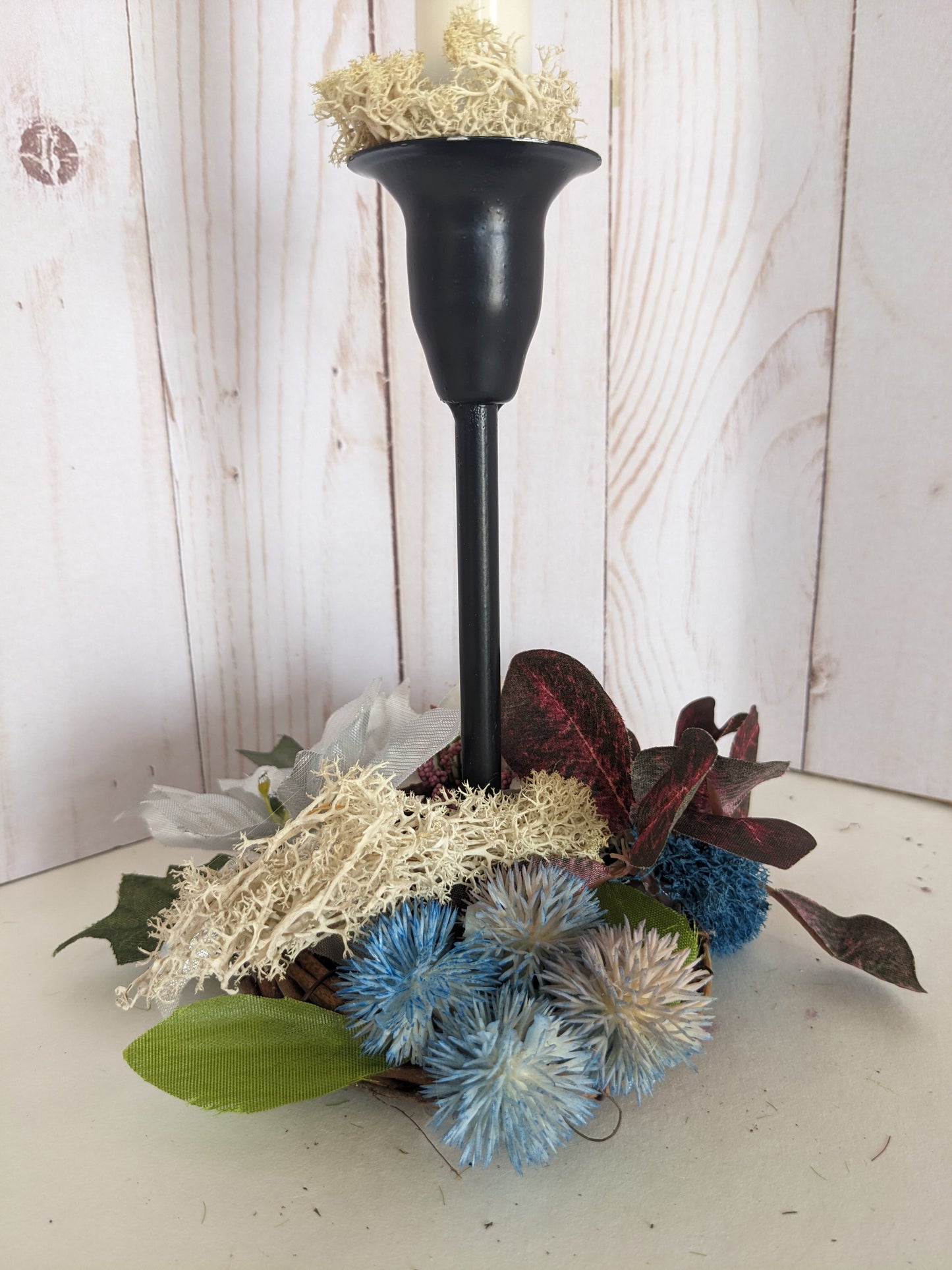 Subtly Colorful Miniwreath on Metal Candlestick