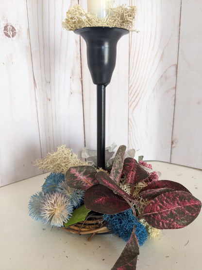 Subtly Colorful Miniwreath on Metal Candlestick