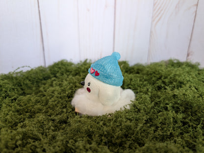 White Lovebird Snow Buddy with Blue Hat