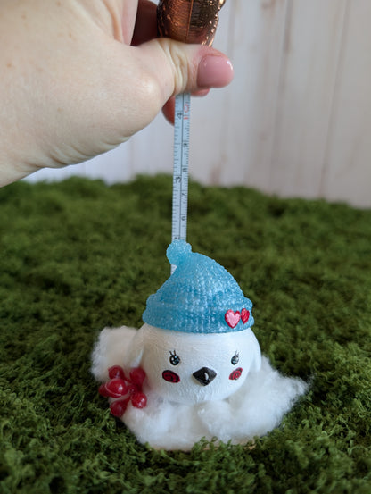 White Lovebird Snow Buddy with Blue Hat