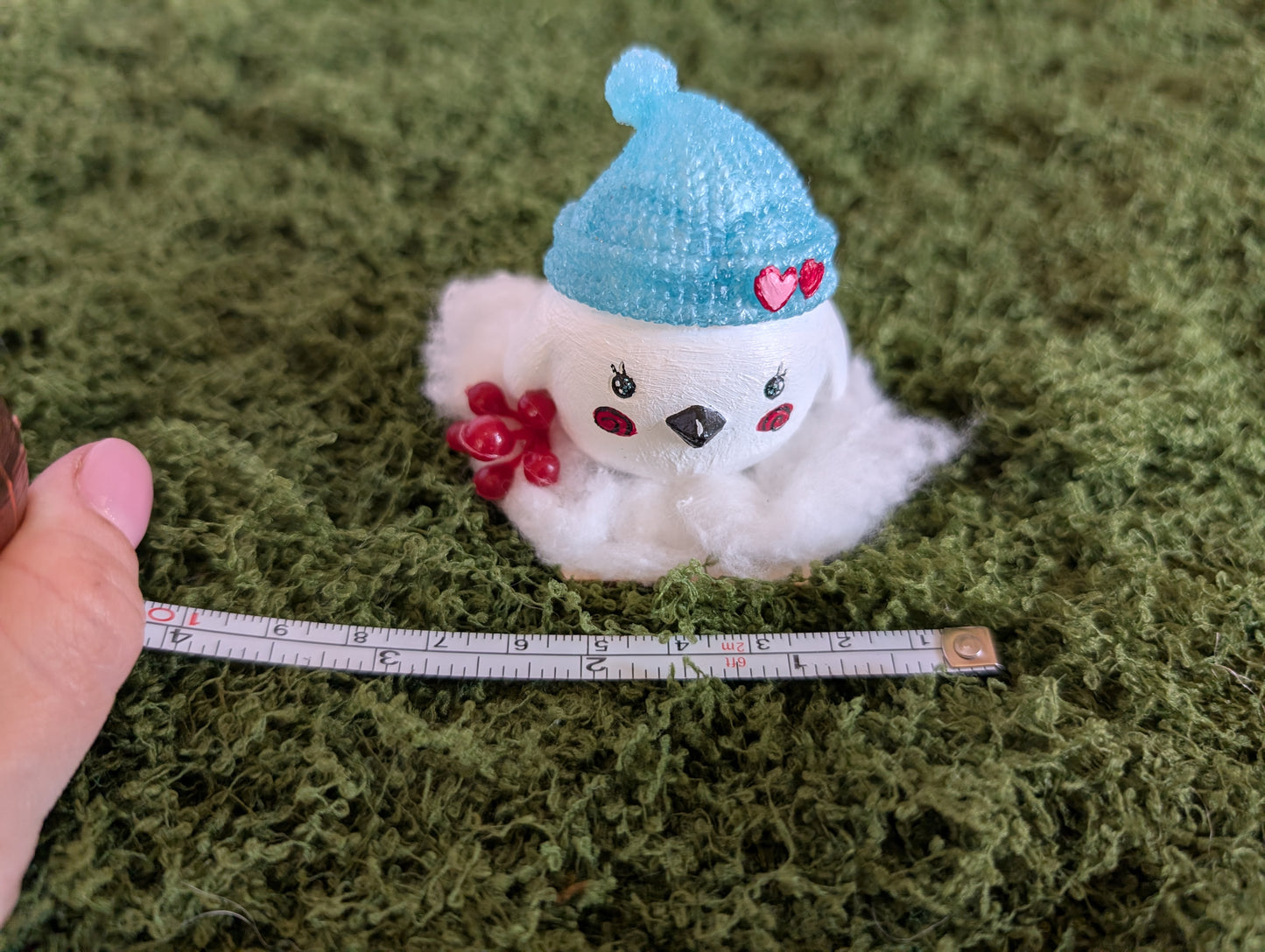 White Lovebird Snow Buddy with Blue Hat