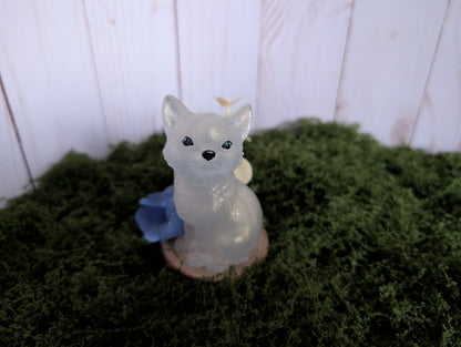 White Puppy with Blue Flower